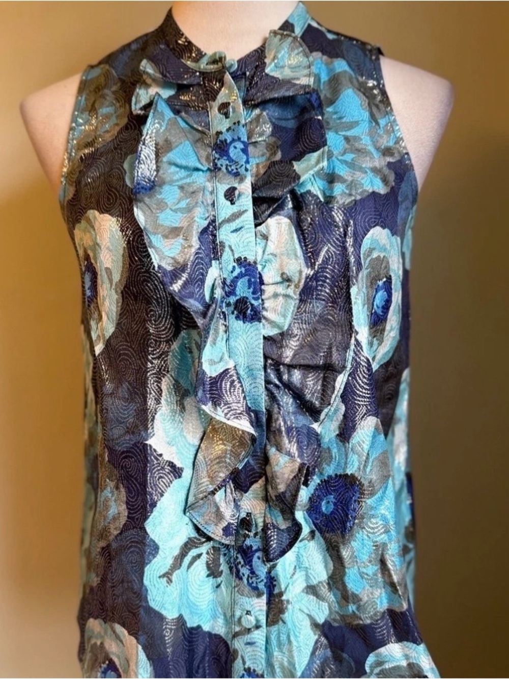 NWT J. Crew Sleeveless Floral Ruffle Front Top - Teal & Navy